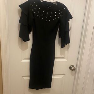 Black Midi Dress with Pearl Embellishments and Ruffle Sleeves